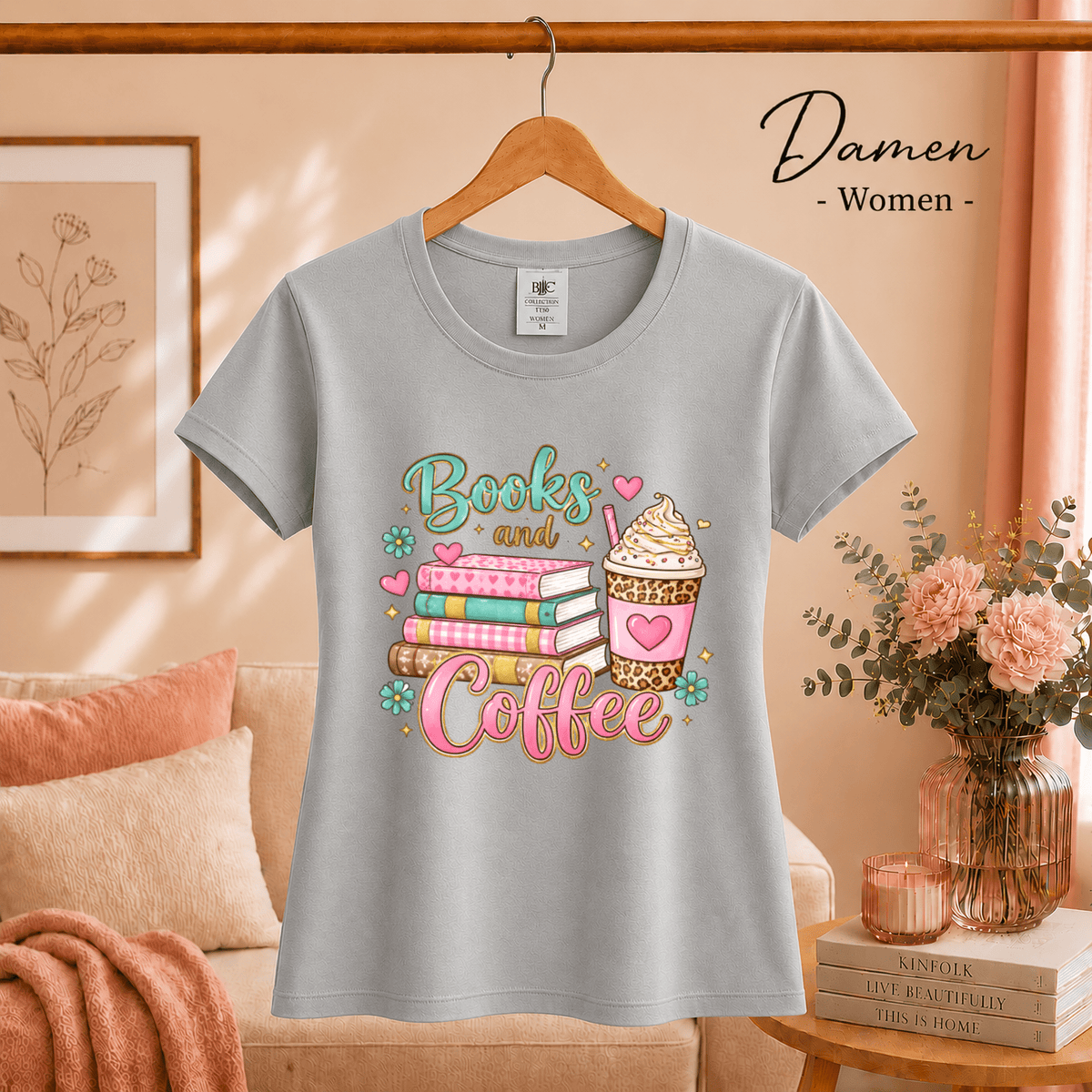 Books and Coffee T-Shirt | Buntes Motiv mit Bücherstapel und Eiskaffee für Leseratten - StyleOne