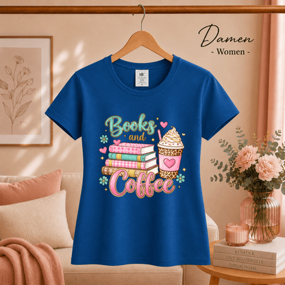 Books and Coffee T-Shirt | Buntes Motiv mit Bücherstapel und Eiskaffee für Leseratten - StyleOne