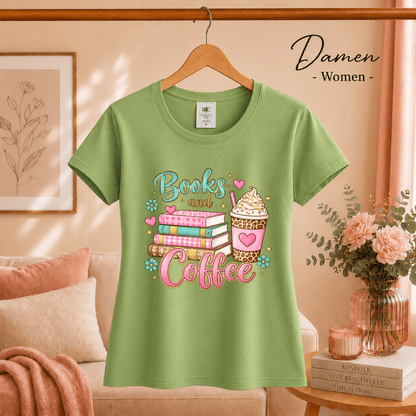 Books and Coffee T-Shirt | Buntes Motiv mit Bücherstapel und Eiskaffee für Leseratten - StyleOne