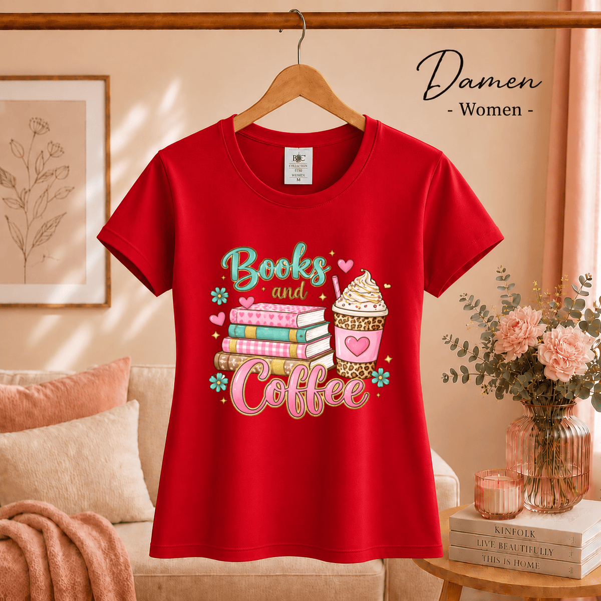 Books and Coffee T-Shirt | Buntes Motiv mit Bücherstapel und Eiskaffee für Leseratten - StyleOne