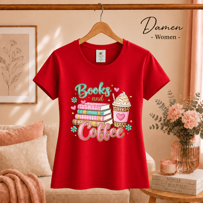 Books and Coffee T-Shirt | Buntes Motiv mit Bücherstapel und Eiskaffee für Leseratten - StyleOne
