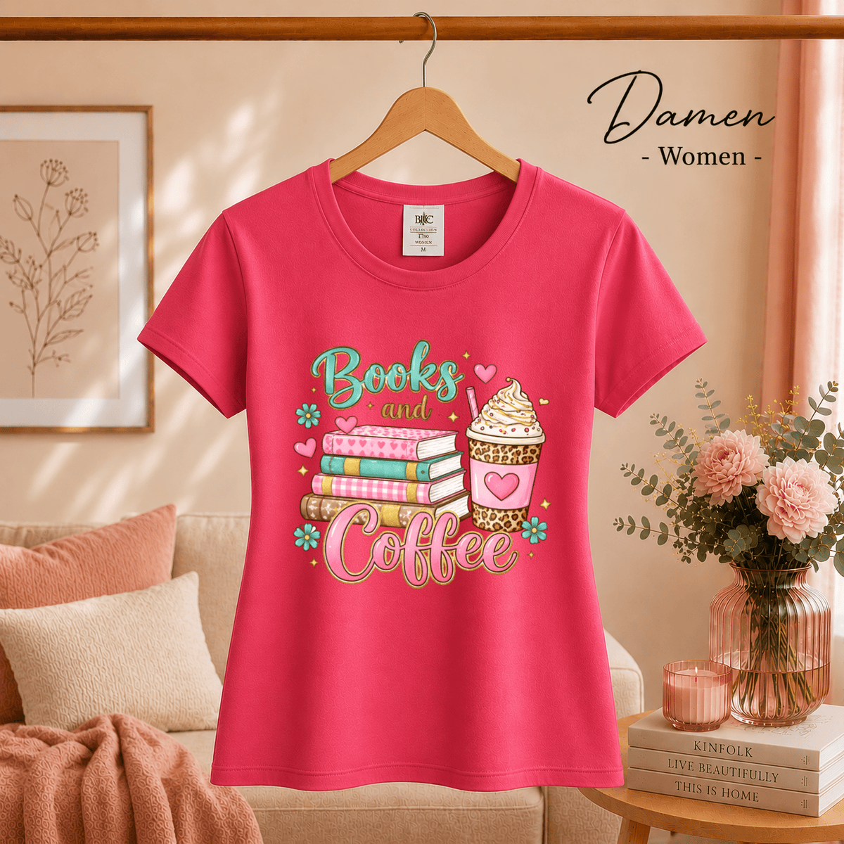 Books and Coffee T-Shirt | Buntes Motiv mit Bücherstapel und Eiskaffee für Leseratten - StyleOne