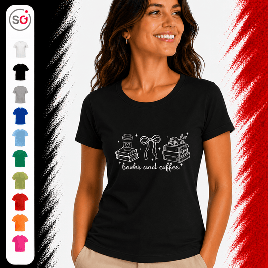 Books and Coffee T-Shirt mit minimalistischem Line-Art Design für Buchliebhaber - StyleOne