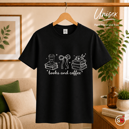 Books and Coffee T-Shirt mit minimalistischem Line-Art Design für Buchliebhaber - StyleOne