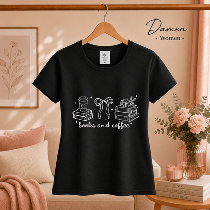 Books and Coffee T-Shirt mit minimalistischem Line-Art Design für Buchliebhaber - StyleOne
