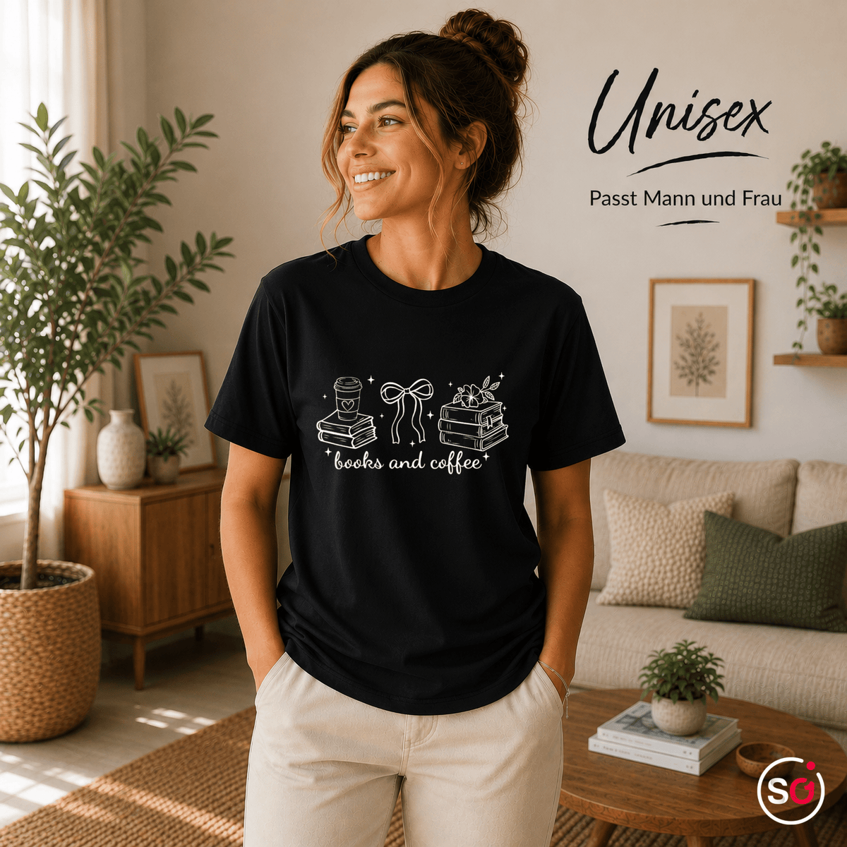 Books and Coffee T-Shirt mit minimalistischem Line-Art Design für Buchliebhaber - StyleOne