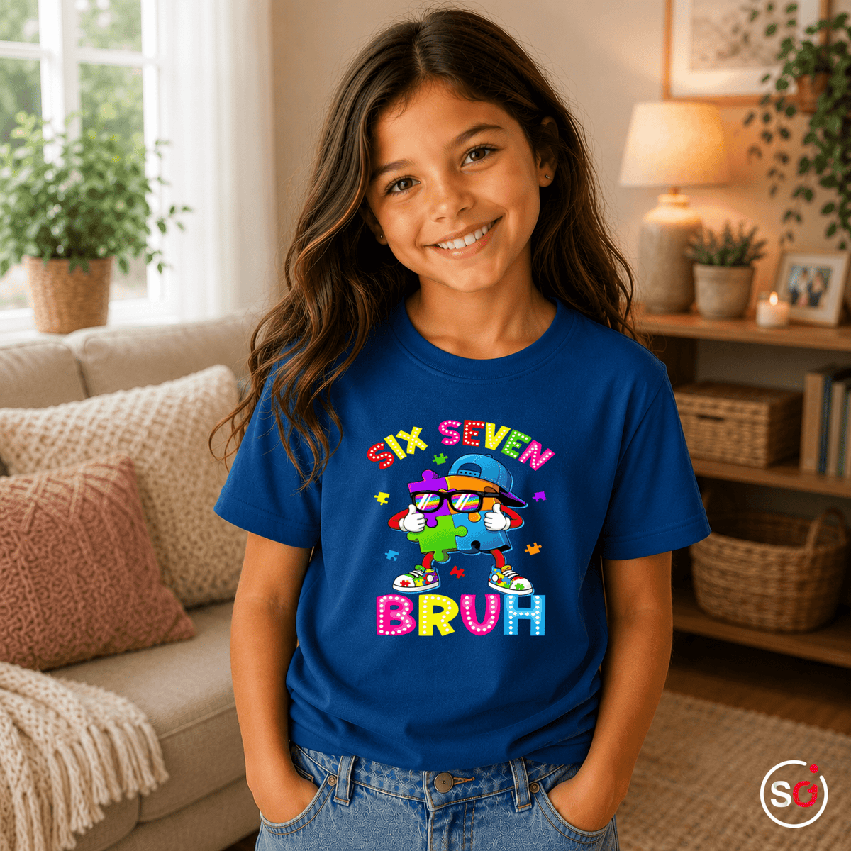 Buntes Puzzle-Mensch Kinder T-Shirt | Cooler "Six Seven Bruh" Aufdruck - StyleOne