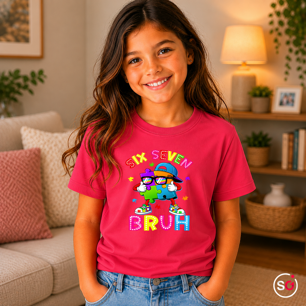 Buntes Puzzle-Mensch Kinder T-Shirt | Cooler "Six Seven Bruh" Aufdruck - StyleOne