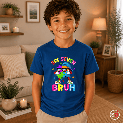 Buntes Puzzle-Mensch Kinder T-Shirt | Cooler "Six Seven Bruh" Aufdruck - StyleOne