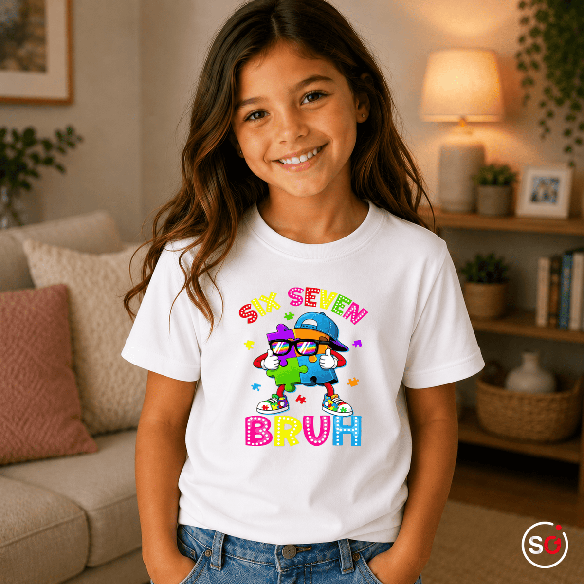 Buntes Puzzle-Mensch Kinder T-Shirt | Cooler "Six Seven Bruh" Aufdruck - StyleOne