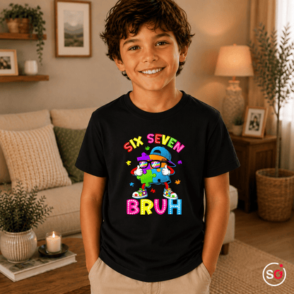 Buntes Puzzle-Mensch Kinder T-Shirt | Cooler "Six Seven Bruh" Aufdruck - StyleOne