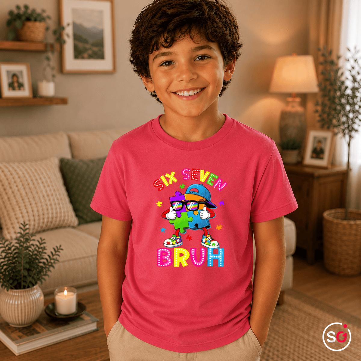 Buntes Puzzle-Mensch Kinder T-Shirt | Cooler "Six Seven Bruh" Aufdruck - StyleOne
