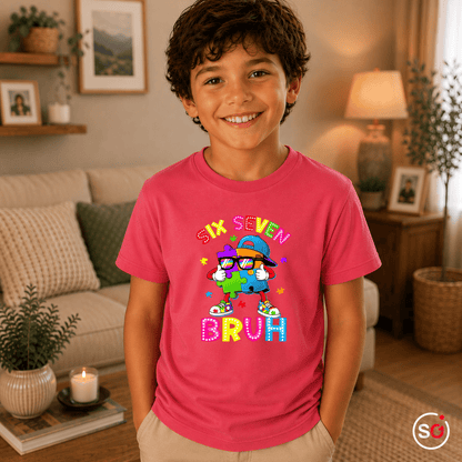 Buntes Puzzle-Mensch Kinder T-Shirt | Cooler "Six Seven Bruh" Aufdruck - StyleOne