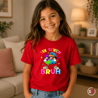 Buntes Puzzle-Mensch Kinder T-Shirt | Cooler "Six Seven Bruh" Aufdruck - StyleOne