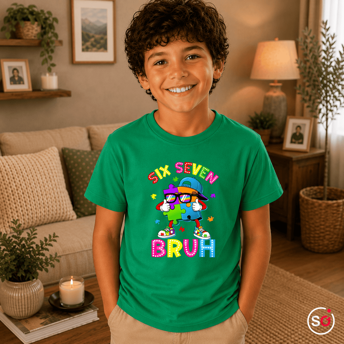 Buntes Puzzle-Mensch Kinder T-Shirt | Cooler "Six Seven Bruh" Aufdruck - StyleOne