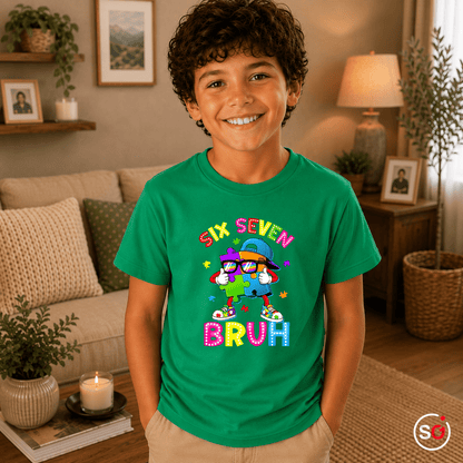 Buntes Puzzle-Mensch Kinder T-Shirt | Cooler "Six Seven Bruh" Aufdruck - StyleOne