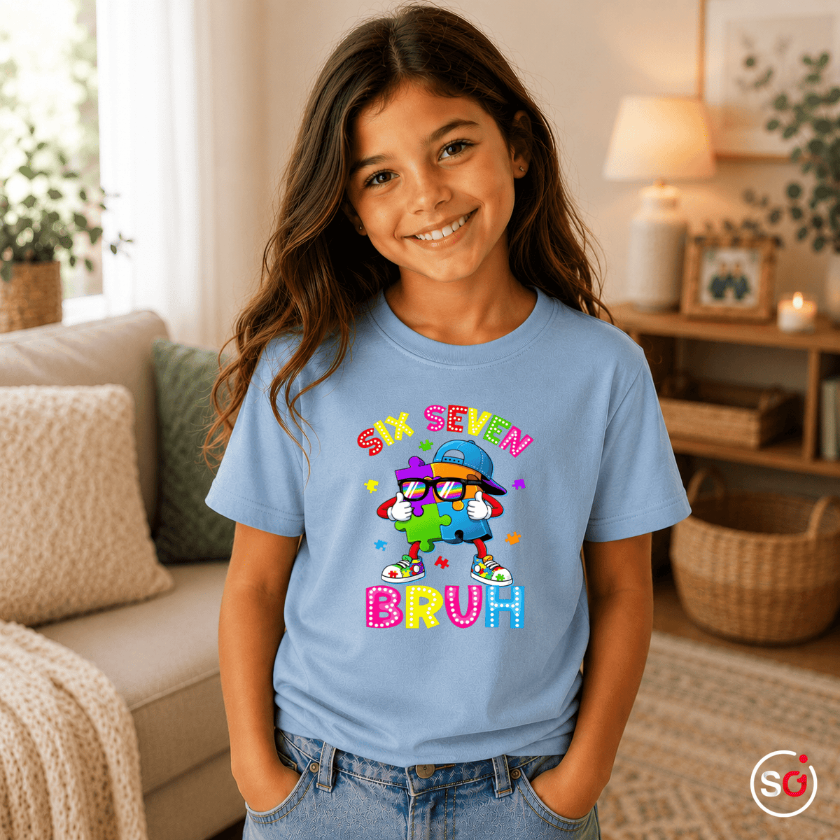 Buntes Puzzle-Mensch Kinder T-Shirt | Cooler "Six Seven Bruh" Aufdruck - StyleOne