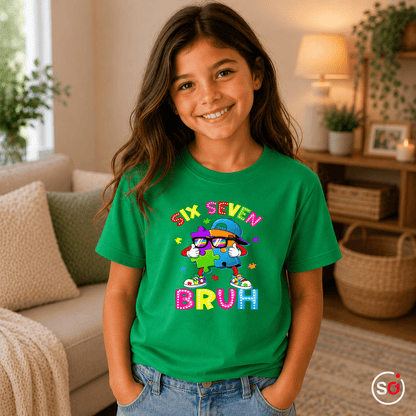 Buntes Puzzle-Mensch Kinder T-Shirt | Cooler "Six Seven Bruh" Aufdruck - StyleOne
