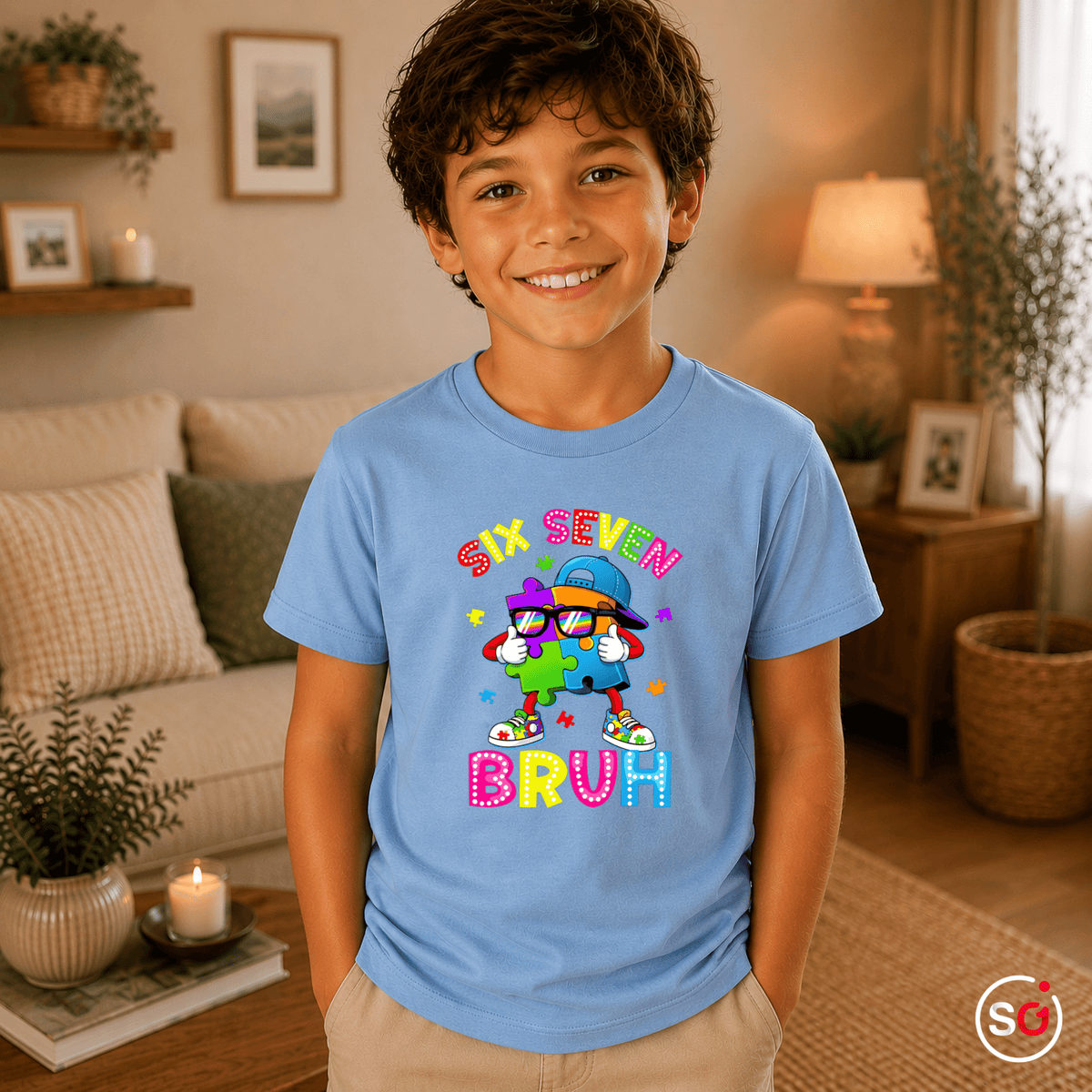 Buntes Puzzle-Mensch Kinder T-Shirt | Cooler "Six Seven Bruh" Aufdruck - StyleOne