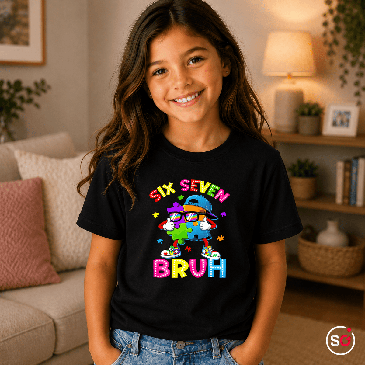 Buntes Puzzle-Mensch Kinder T-Shirt | Cooler "Six Seven Bruh" Aufdruck - StyleOne