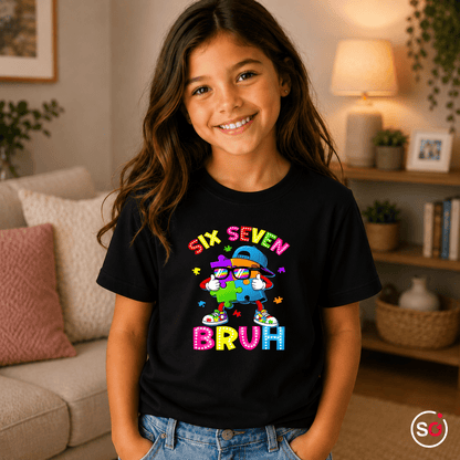 Buntes Puzzle-Mensch Kinder T-Shirt | Cooler "Six Seven Bruh" Aufdruck - StyleOne