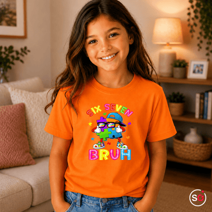 Buntes Puzzle-Mensch Kinder T-Shirt | Cooler "Six Seven Bruh" Aufdruck - StyleOne