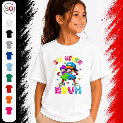 Buntes Puzzle-Mensch Kinder T-Shirt | Cooler "Six Seven Bruh" Aufdruck - StyleOne