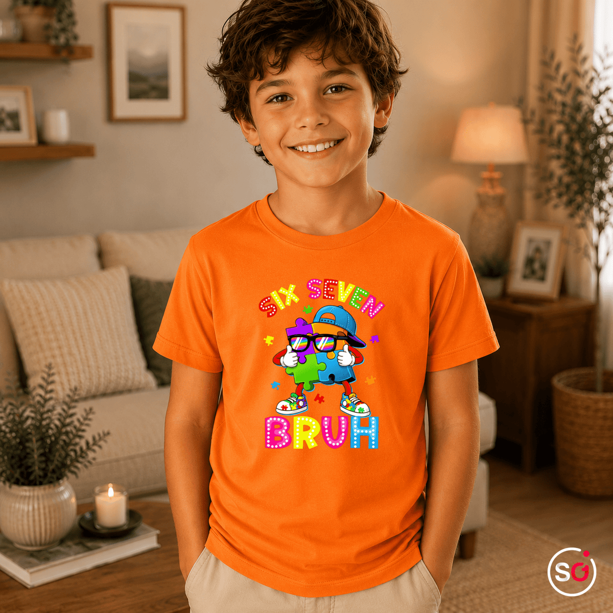 Buntes Puzzle-Mensch Kinder T-Shirt | Cooler "Six Seven Bruh" Aufdruck - StyleOne