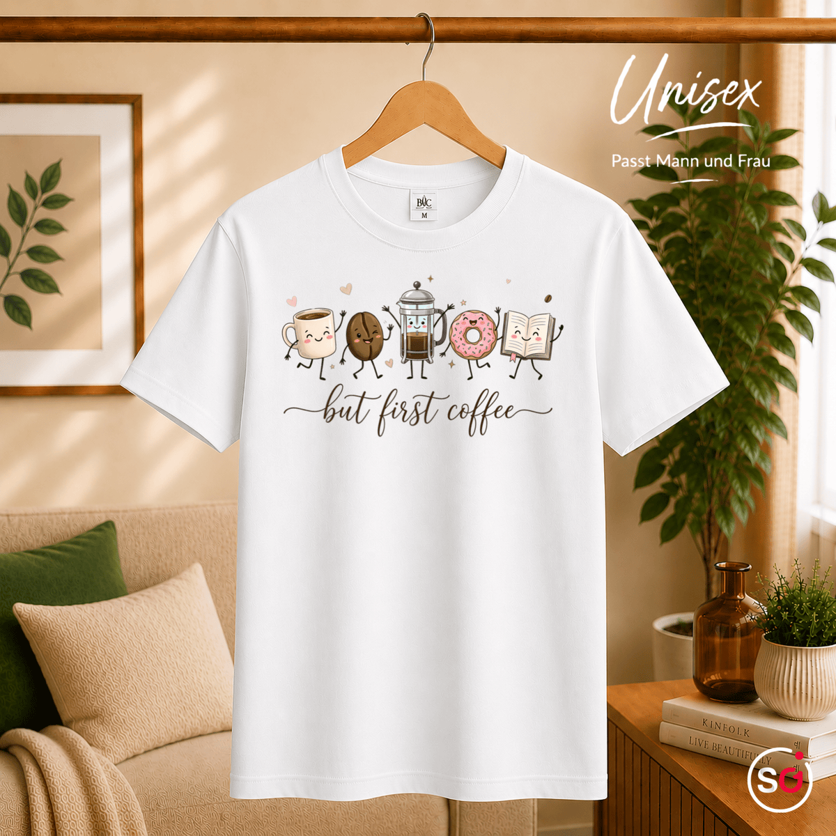 But First Coffee T-Shirt | Kawaii Design mit Tasse, Bohne, Donut und Buch - StyleOne