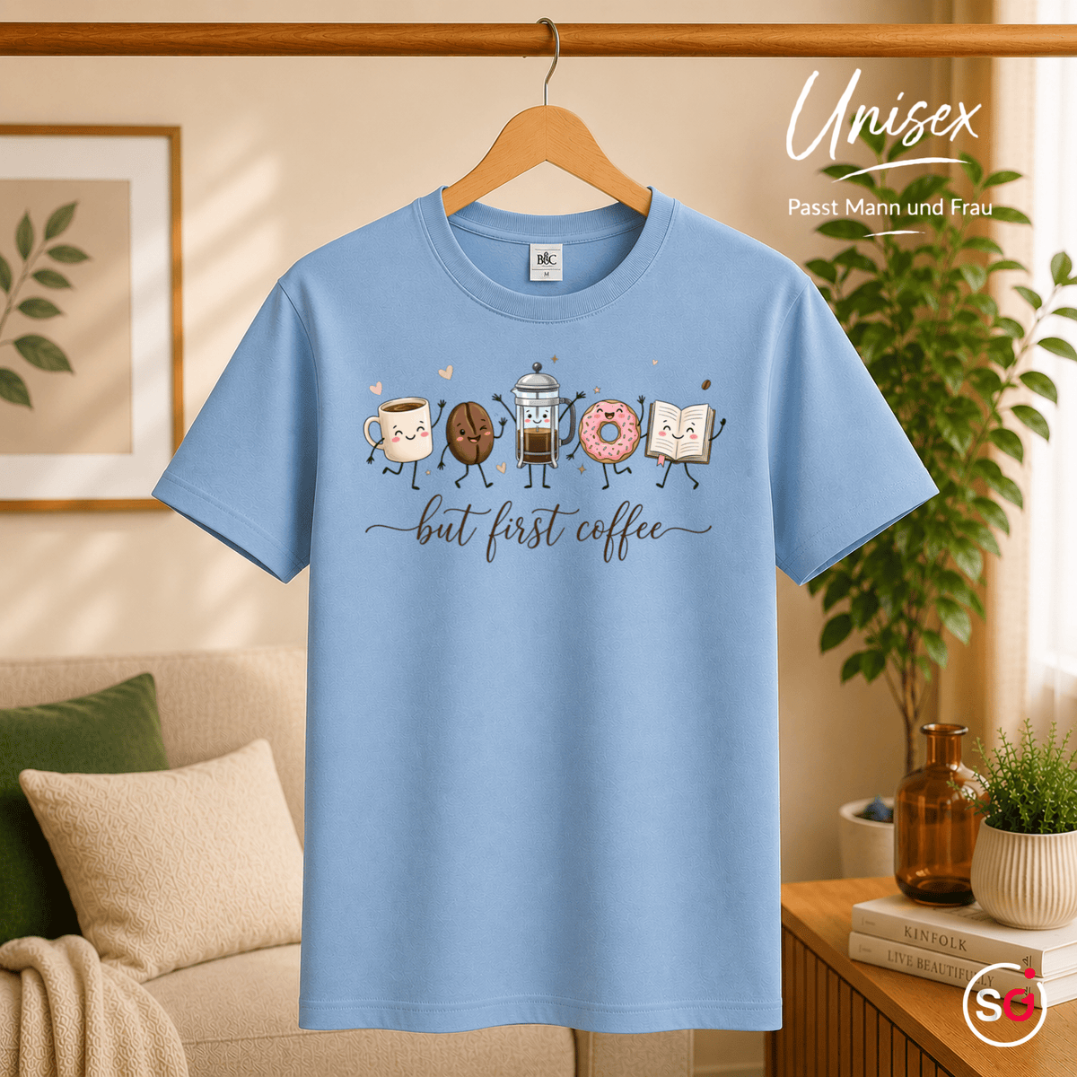 But First Coffee T-Shirt | Kawaii Design mit Tasse, Bohne, Donut und Buch - StyleOne