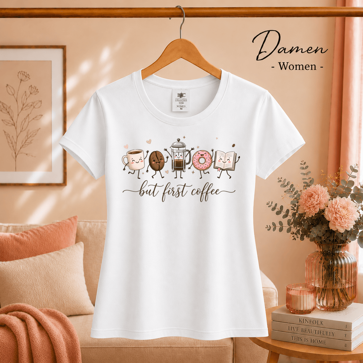 But First Coffee T-Shirt | Kawaii Design mit Tasse, Bohne, Donut und Buch - StyleOne
