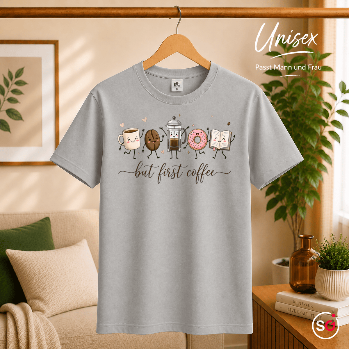 But First Coffee T-Shirt | Kawaii Design mit Tasse, Bohne, Donut und Buch - StyleOne