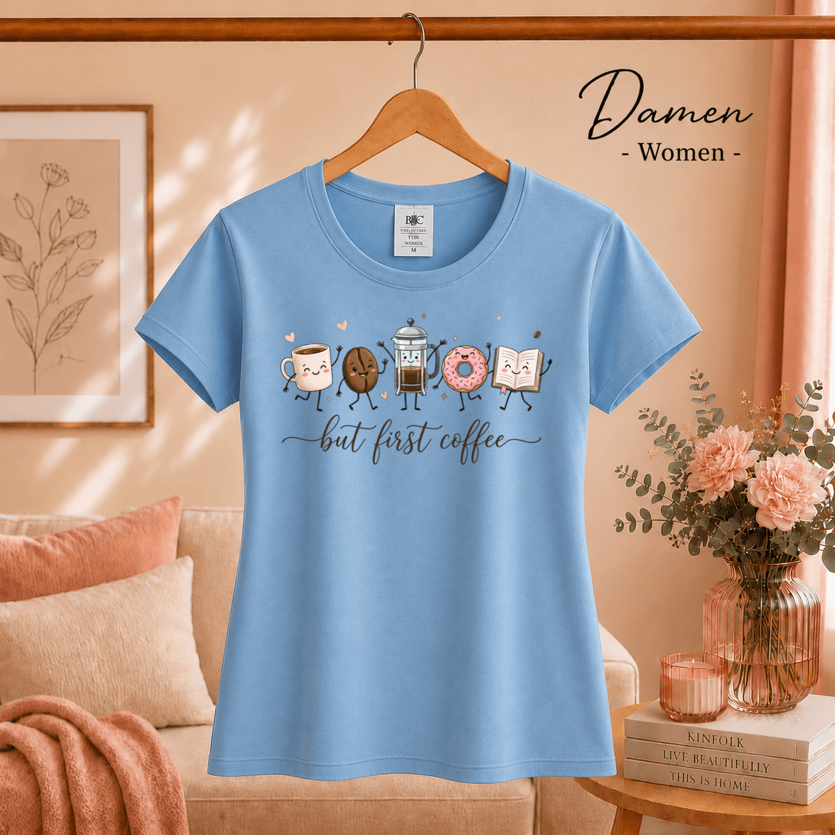 But First Coffee T-Shirt | Kawaii Design mit Tasse, Bohne, Donut und Buch - StyleOne