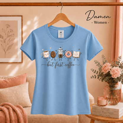 But First Coffee T-Shirt | Kawaii Design mit Tasse, Bohne, Donut und Buch - StyleOne