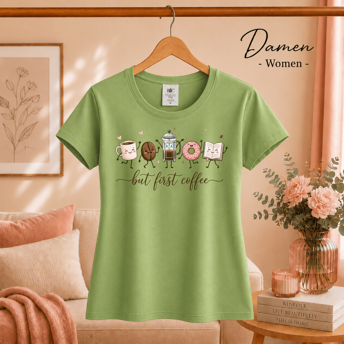 But First Coffee T-Shirt | Kawaii Design mit Tasse, Bohne, Donut und Buch - StyleOne