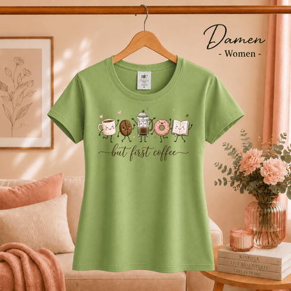 But First Coffee T-Shirt | Kawaii Design mit Tasse, Bohne, Donut und Buch - StyleOne