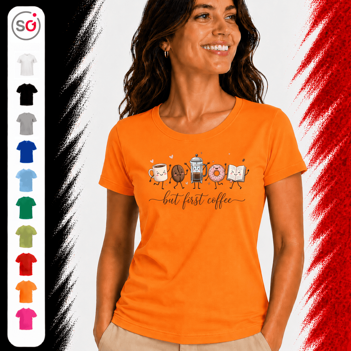 But First Coffee T-Shirt | Kawaii Design mit Tasse, Bohne, Donut und Buch - StyleOne
