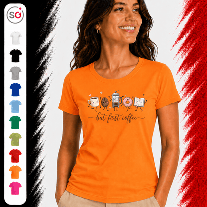 But First Coffee T-Shirt | Kawaii Design mit Tasse, Bohne, Donut und Buch - StyleOne