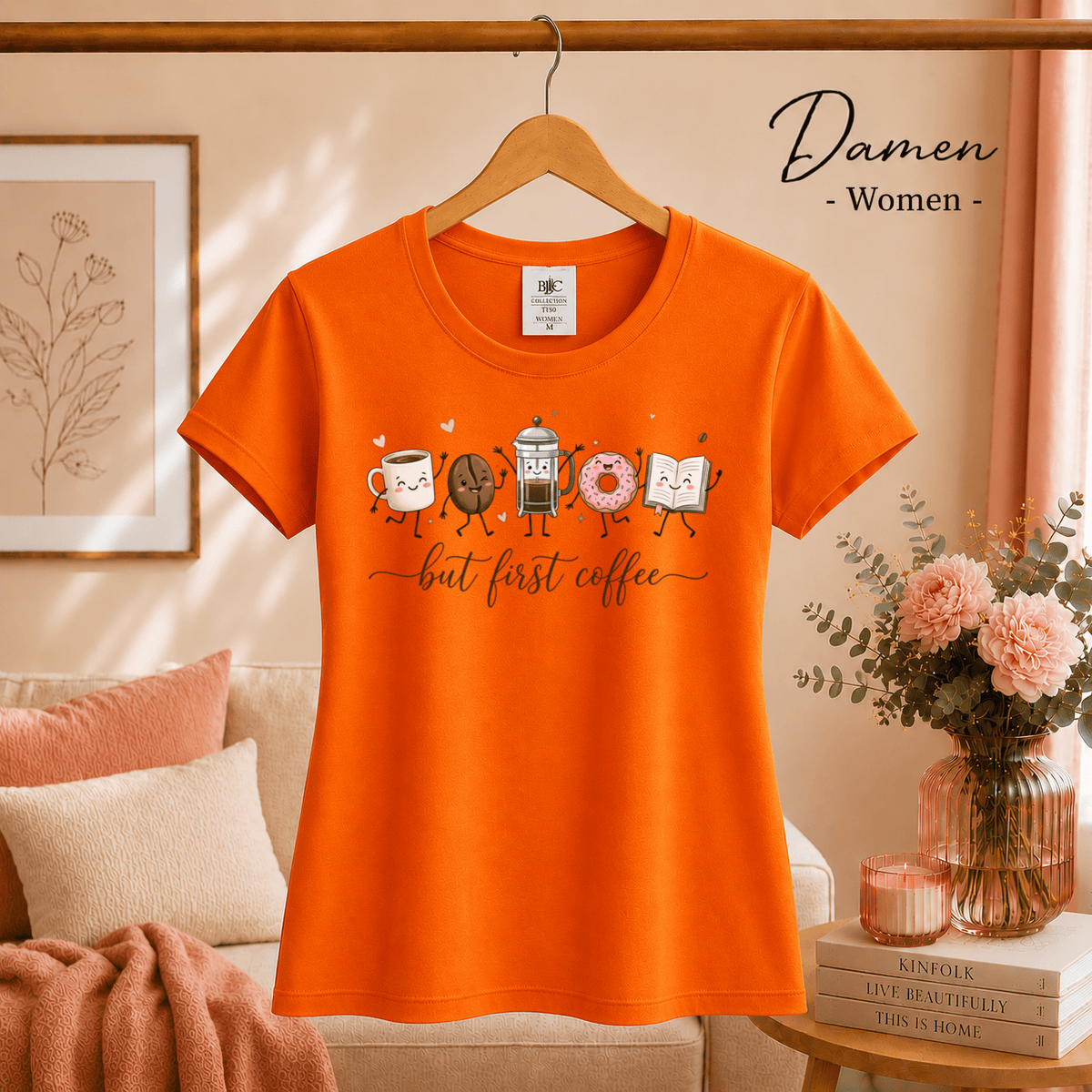 But First Coffee T-Shirt | Kawaii Design mit Tasse, Bohne, Donut und Buch - StyleOne