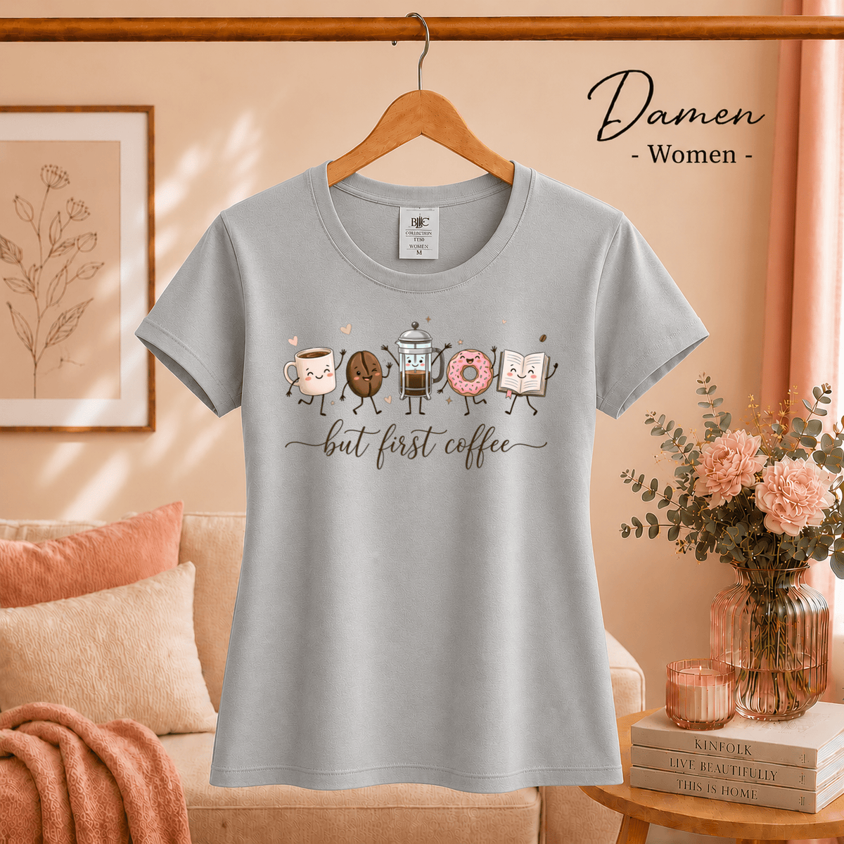 But First Coffee T-Shirt | Kawaii Design mit Tasse, Bohne, Donut und Buch - StyleOne