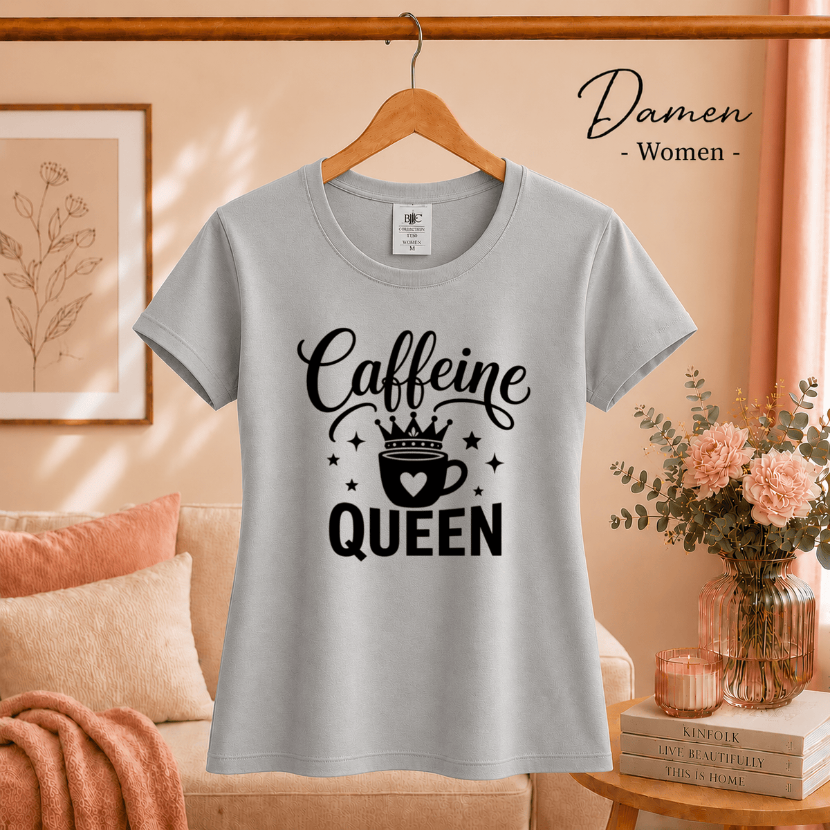 Caffeine Queen T-Shirt | Design mit Krone, Herz & Kaffeetasse für Kaffeeliebhaberinnen - StyleOne