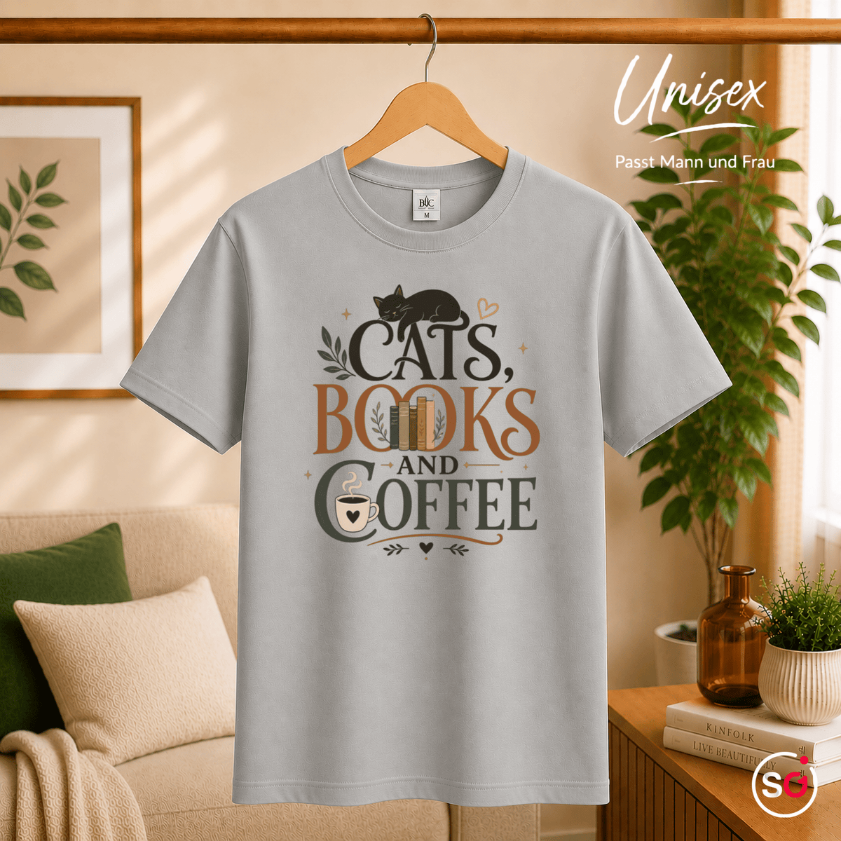 Cats, Books, and Coffee T-Shirt mit typografischem Spruch und Katzen-Motiv - StyleOne
