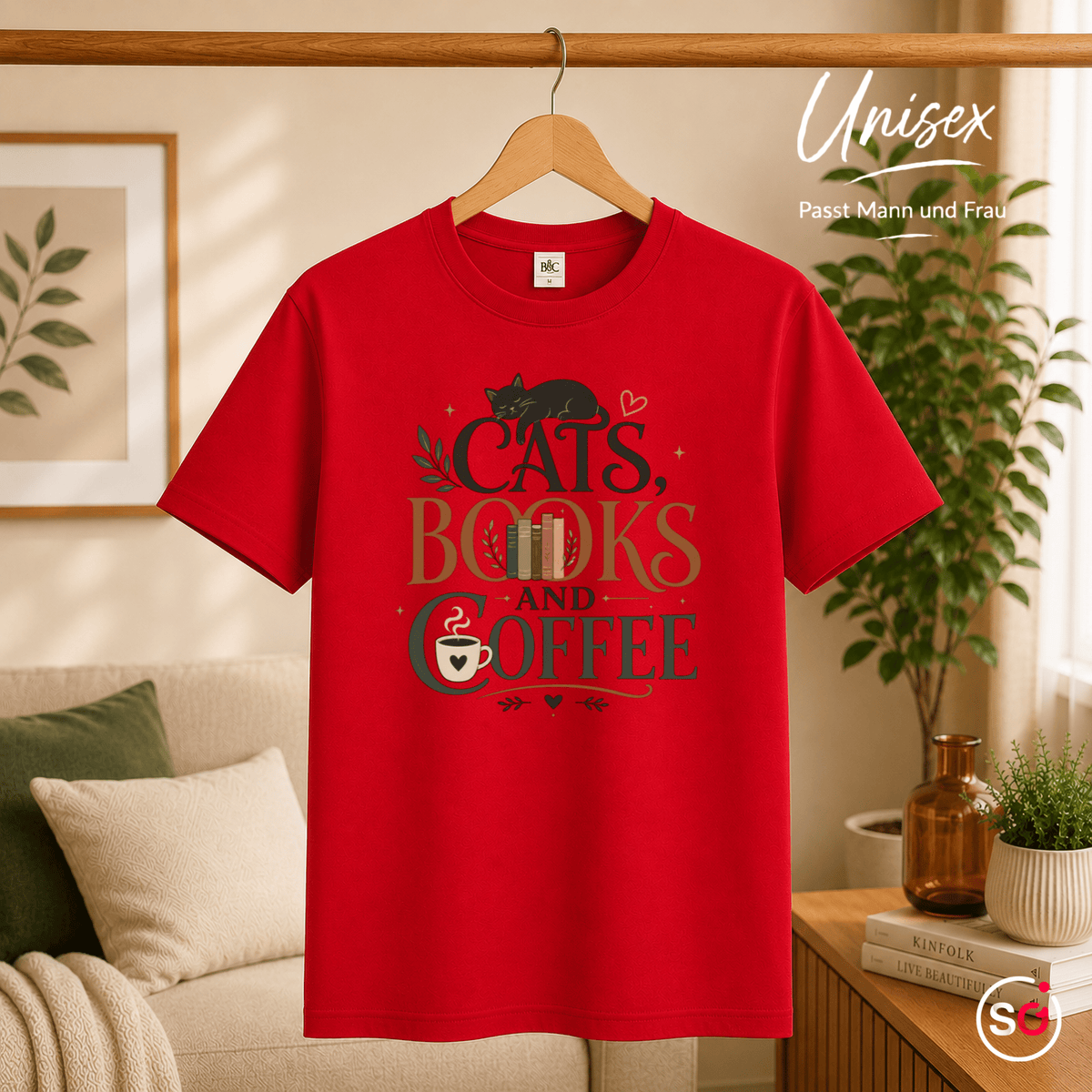 Cats, Books, and Coffee T-Shirt mit typografischem Spruch und Katzen-Motiv - StyleOne