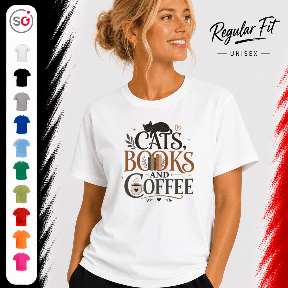 Cats, Books, and Coffee T-Shirt mit typografischem Spruch und Katzen-Motiv - StyleOne