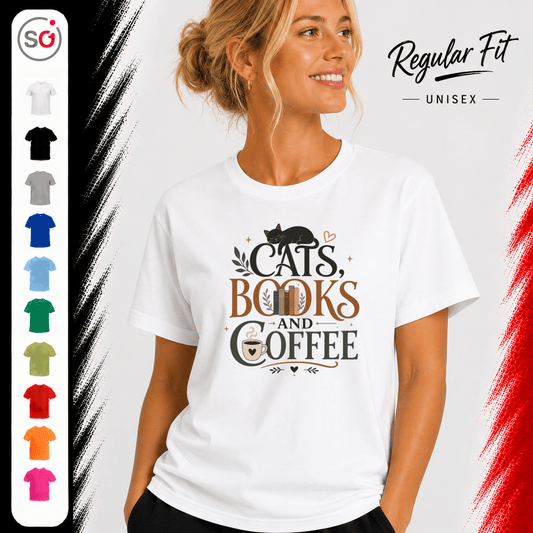 Cats, Books, and Coffee T-Shirt mit typografischem Spruch und Katzen-Motiv - StyleOne