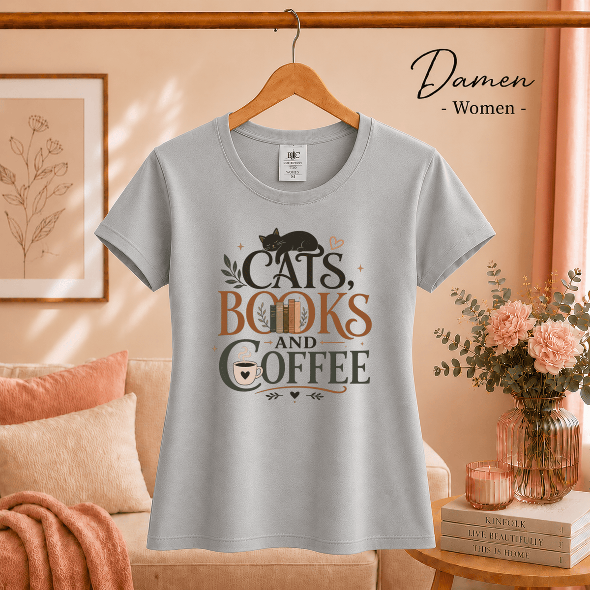 Cats, Books, and Coffee T-Shirt mit typografischem Spruch und Katzen-Motiv - StyleOne