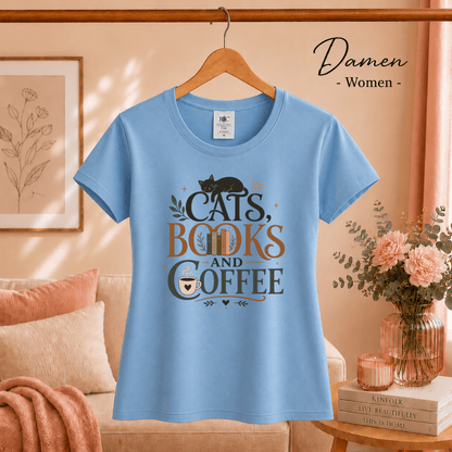 Cats, Books, and Coffee T-Shirt mit typografischem Spruch und Katzen-Motiv - StyleOne