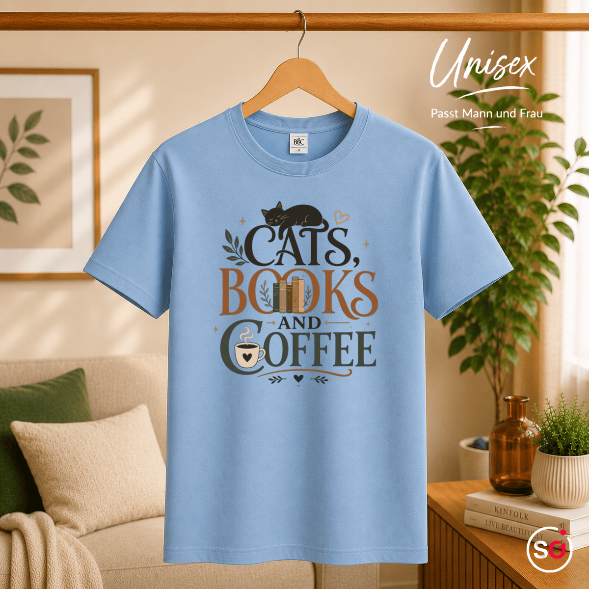 Cats, Books, and Coffee T-Shirt mit typografischem Spruch und Katzen-Motiv - StyleOne