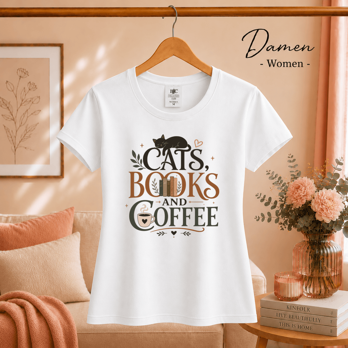 Cats, Books, and Coffee T-Shirt mit typografischem Spruch und Katzen-Motiv - StyleOne