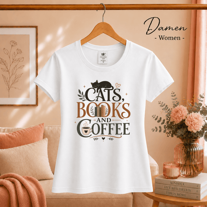 Cats, Books, and Coffee T-Shirt mit typografischem Spruch und Katzen-Motiv - StyleOne